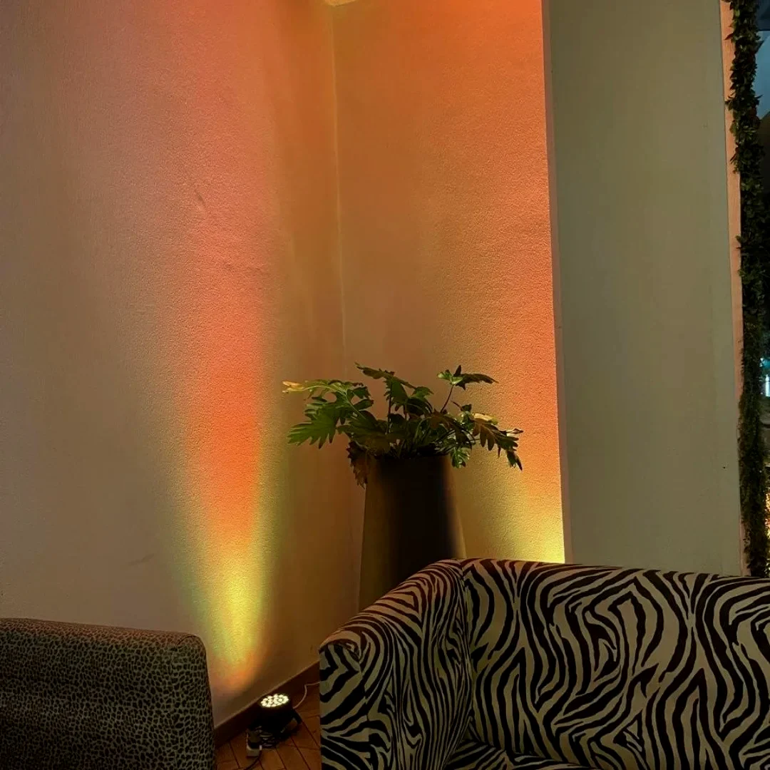 A plain interior wall washed from the floor with warm amber light, beside a potted plant and a patterned bench