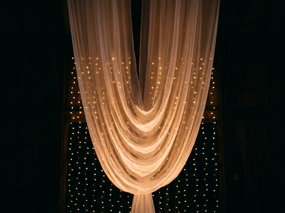 A swagged white drape hanging in front of a wall of fine fairy lights