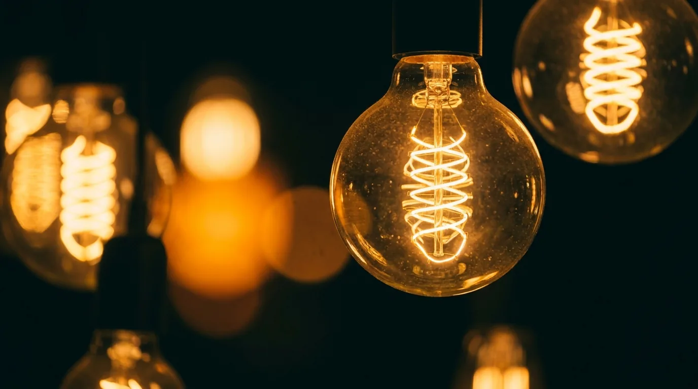 Hanging filament globes glowing warm against a dark background, with more lights out of focus behind