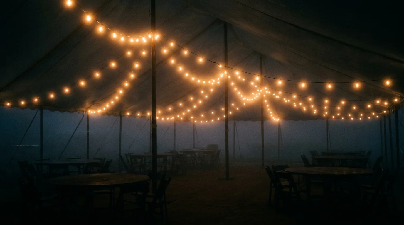 A marquee interior at dusk with swagged strings of festoon bulbs crossing the roof above round tables