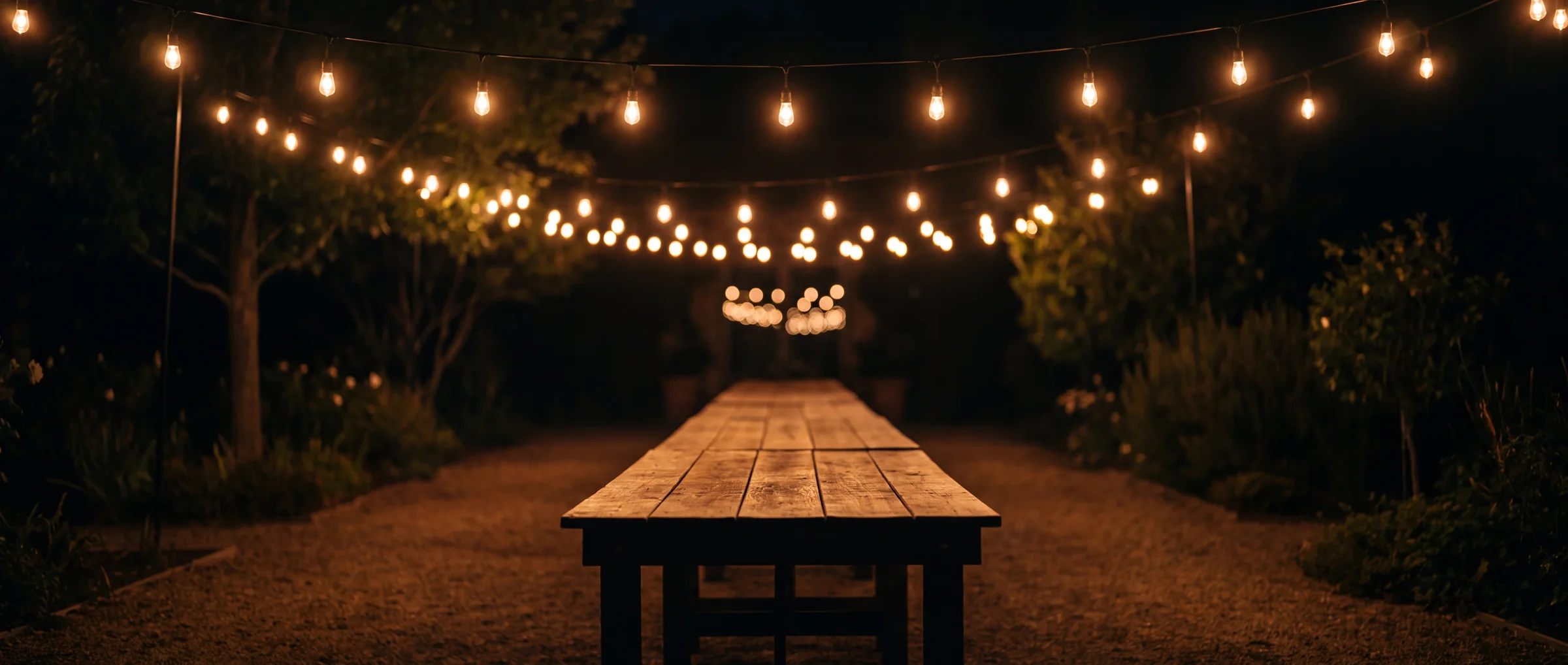 Festoon lines strung above a long bare table, lit and empty before an event