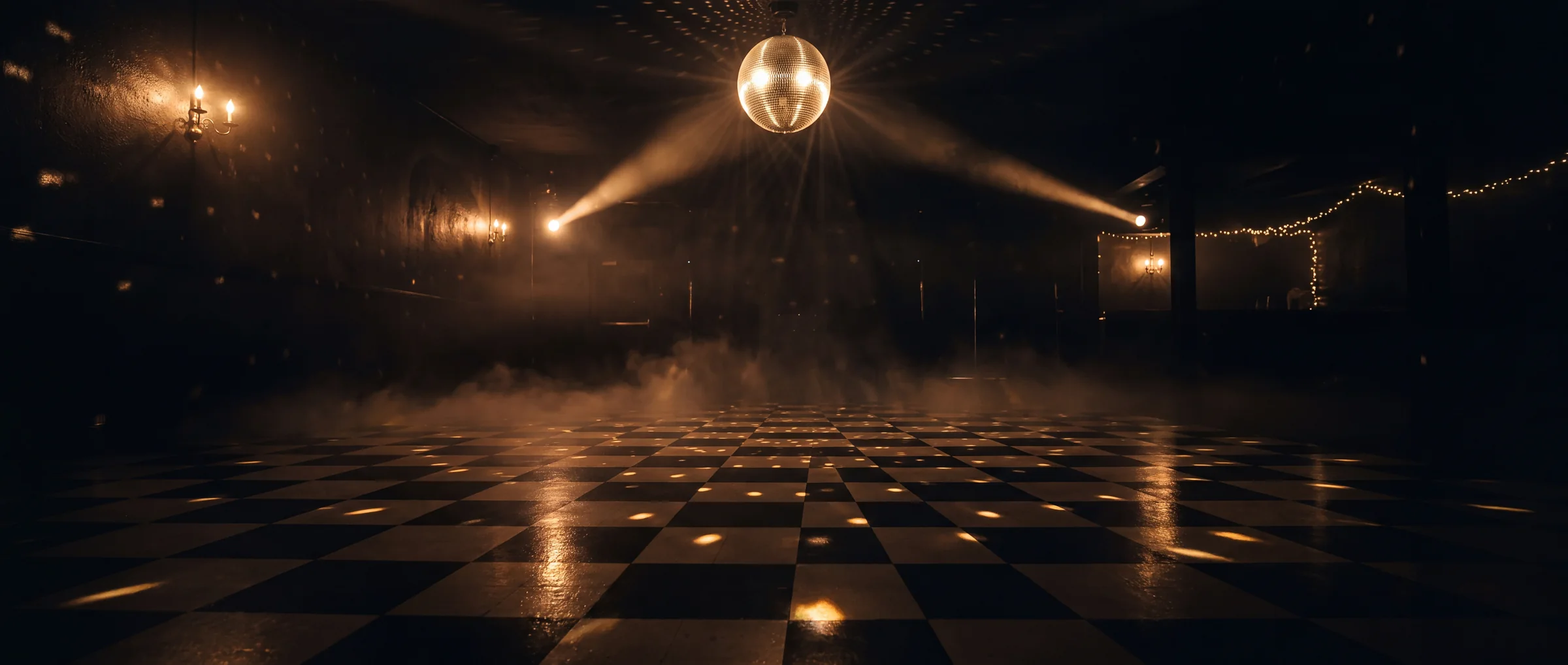 An empty chequerboard dance floor under a mirror ball, beams picked out in haze
