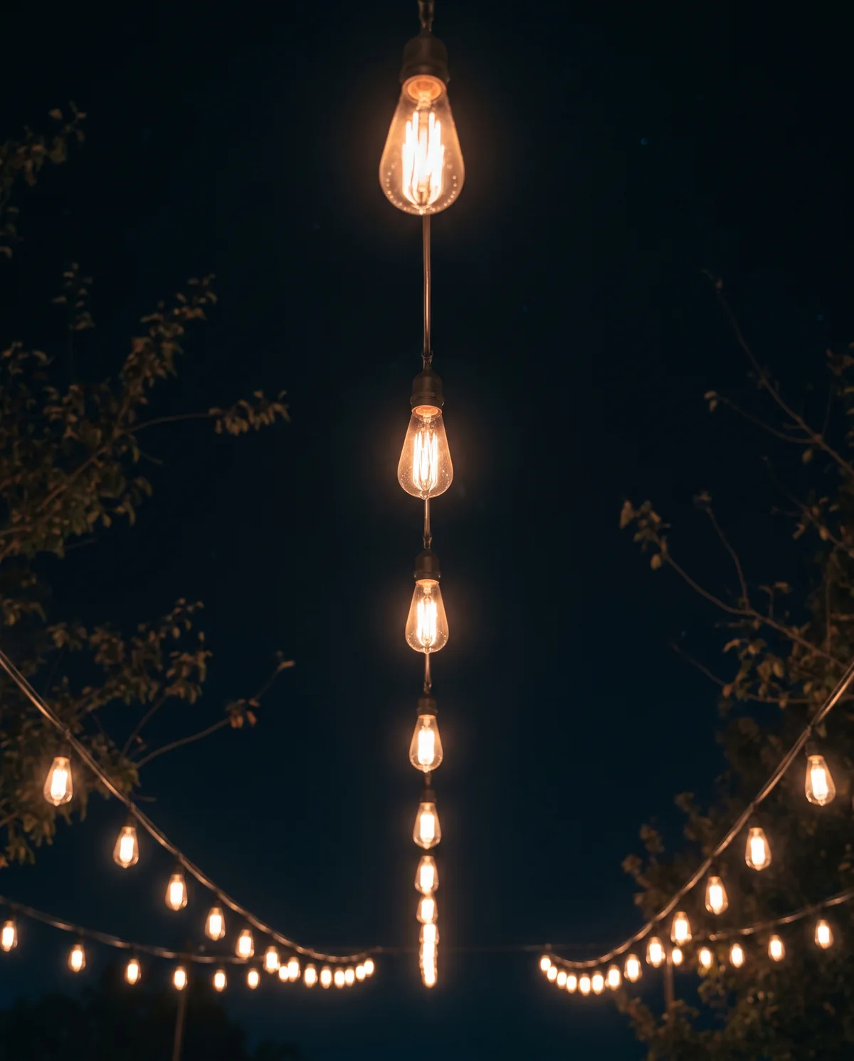 Festoon lines against a night sky above an empty setting
