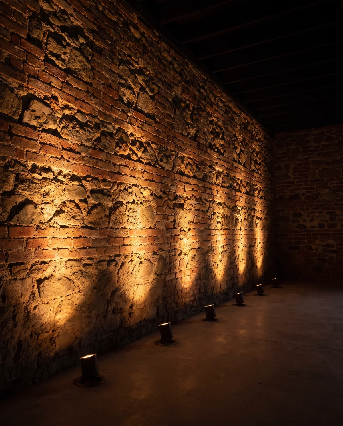 A stone wall washed with warm amber uplighting from floor level