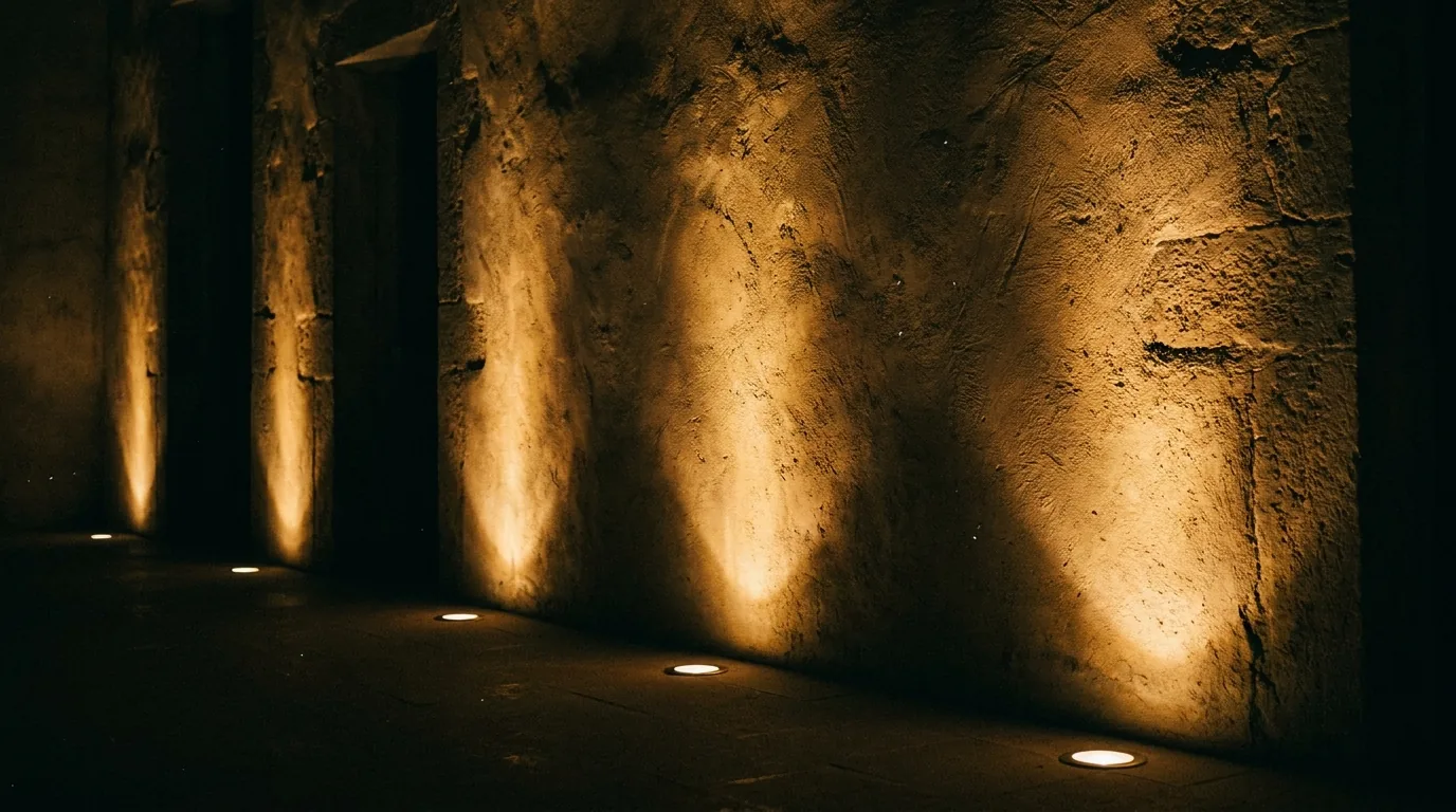 A textured stone wall washed from the floor by a row of warm uplights